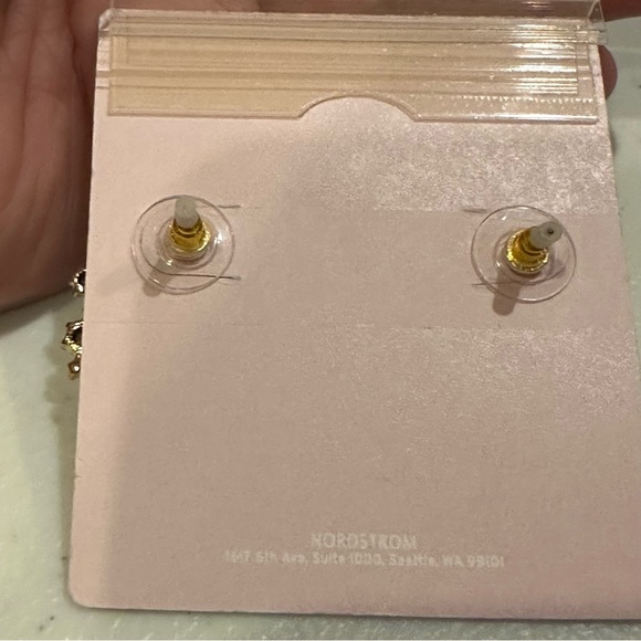 NWT Rachel Parcell Earrings gold tone rectangle peach crystal & clear rhinestone - Picture 9 of 9